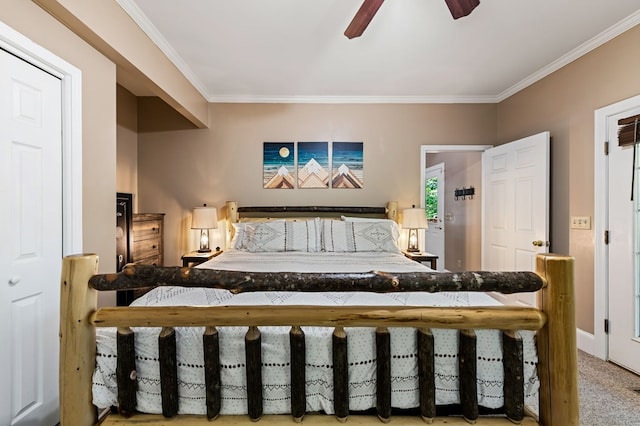 615 Navaho Way, Ellijay, GA 30540 - bedroom featuring crown molding, a ceiling fan, and light colored carpet