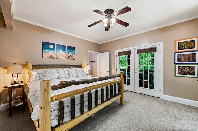 615 Navaho Way, Ellijay, GA 30540 - bedroom with carpet flooring, access to outside, crown molding, baseboards, and ceiling fan