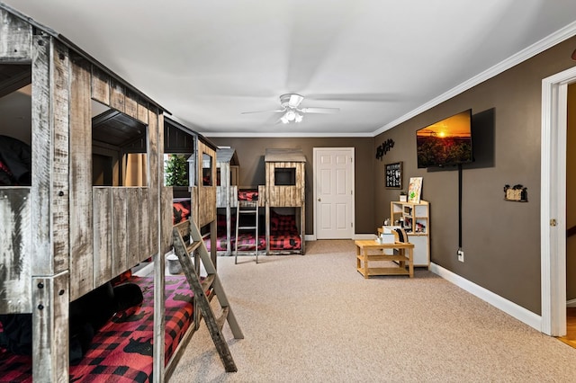 615 Navaho Way, Ellijay, GA 30540 - bedroom featuring carpet floors, ornamental molding, baseboards, and ceiling fan