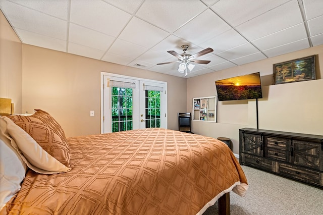 615 Navaho Way, Ellijay, GA 30540 - carpeted bedroom with access to exterior, a drop ceiling, a ceiling fan, and french doors