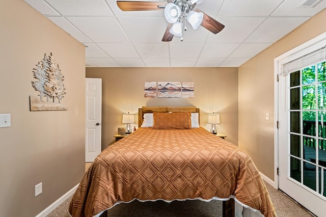 615 Navaho Way, Ellijay, GA 30540 - carpeted bedroom with a paneled ceiling, baseboards, ceiling fan, and access to outside