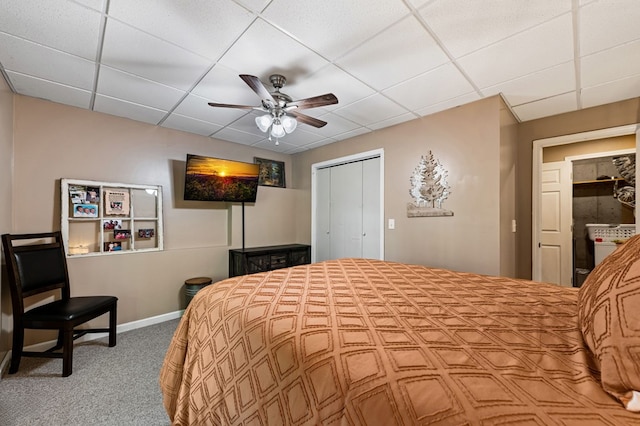 615 Navaho Way, Ellijay, GA 30540 - bedroom featuring carpet floors, a closet, baseboards, a paneled ceiling, and ceiling fan