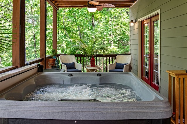 615 Navaho Way, Ellijay, GA 30540 - wooden terrace featuring a hot tub, a ceiling fan, and french doors