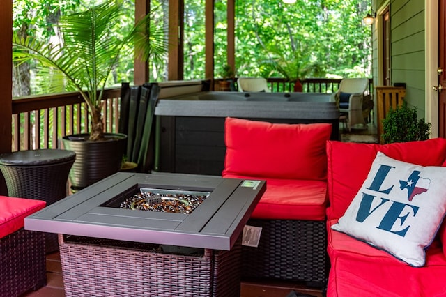 615 Navaho Way, Ellijay, GA 30540 - wooden deck with an outdoor living space with a fire pit and a hot tub