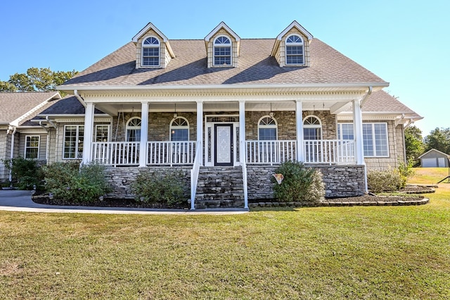 view of front of property with covered porch and a front yard