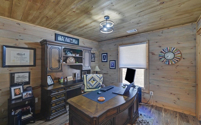 office space with visible vents, dark wood-type flooring, wood walls, and wood ceiling