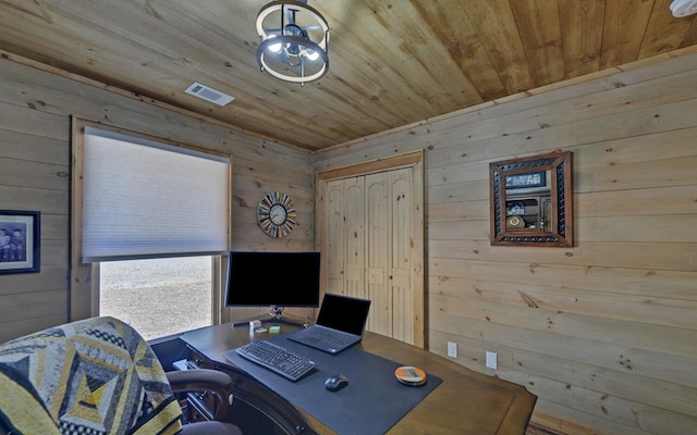 office space with wooden ceiling and visible vents