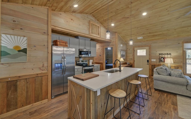 kitchen with appliances with stainless steel finishes, wooden ceiling, a sink, and wooden walls