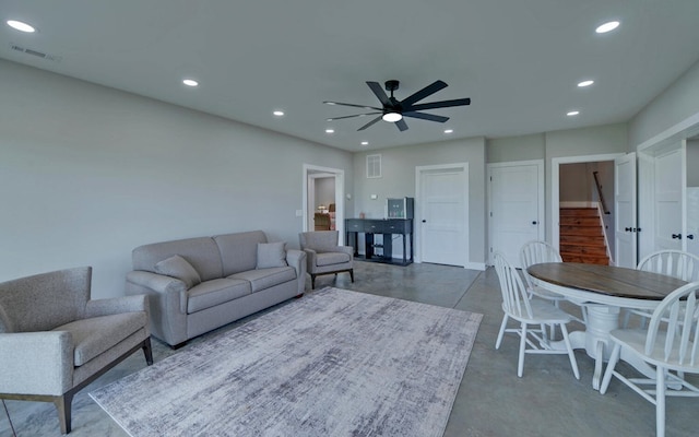 433 Hawkeye Trl, Marble, NC 28905 - living room featuring visible vents, finished concrete floors, recessed lighting, and stairs
