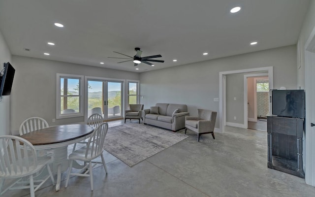 433 Hawkeye Trl, Marble, NC 28905 - living area with concrete floors, baseboards, recessed lighting, french doors, and a ceiling fan