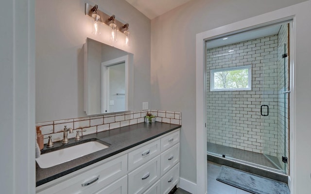 433 Hawkeye Trl, Marble, NC 28905 - bathroom with tile patterned floors, a shower stall, decorative backsplash, and vanity