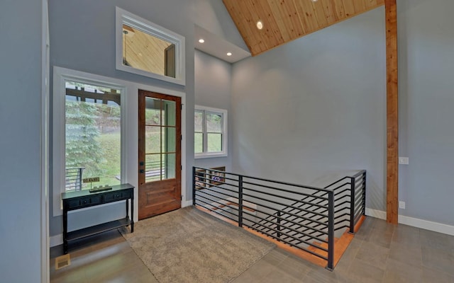 433 Hawkeye Trl, Marble, NC 28905 - doorway with recessed lighting, high vaulted ceiling, wooden ceiling, and baseboards