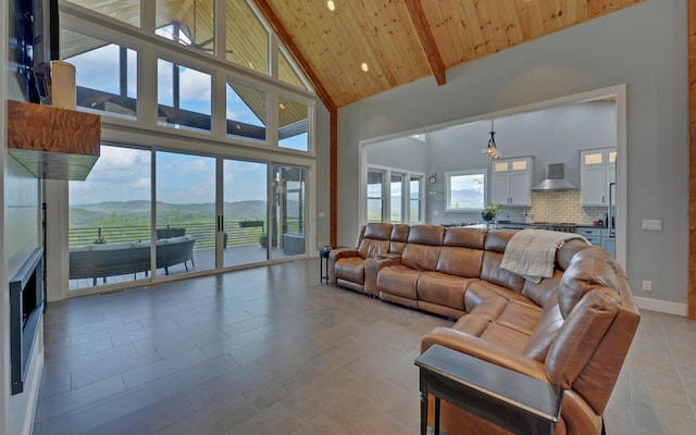 433 Hawkeye Trl, Marble, NC 28905 - living room with wooden ceiling, beamed ceiling, a mountain view, baseboards, and high vaulted ceiling