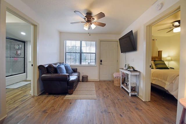 living area featuring ceiling fan and wood-type flooring