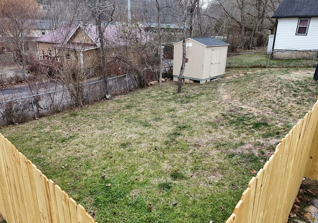 view of yard featuring a storage unit