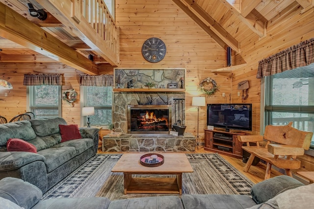 56 Laurel Dr, Blue Ridge, GA 30513 - living area featuring wooden walls, beam ceiling, wood finished floors, a fireplace, and wood ceiling