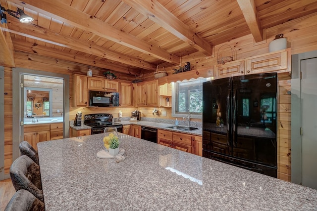 56 Laurel Dr, Blue Ridge, GA 30513 - kitchen with black appliances, a sink, wooden ceiling, beam ceiling, and wood walls