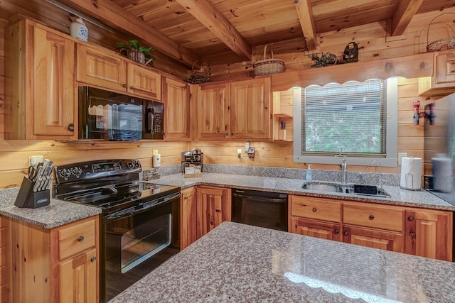 56 Laurel Dr, Blue Ridge, GA 30513 - kitchen featuring black appliances, a sink, wood ceiling, beam ceiling, and light stone countertops