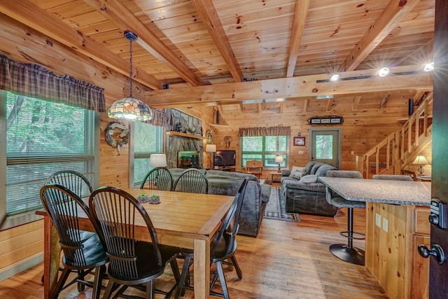 56 Laurel Dr, Blue Ridge, GA 30513 - dining space featuring wood walls, beamed ceiling, light wood-style flooring, wood ceiling, and stairway