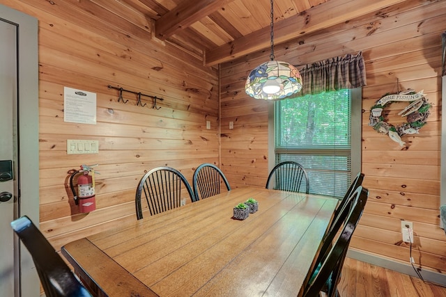 56 Laurel Dr, Blue Ridge, GA 30513 - dining space featuring wooden ceiling, beam ceiling, and wood walls