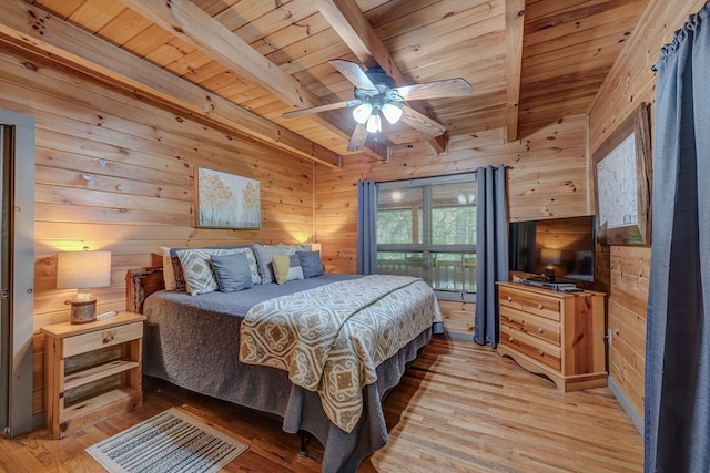 56 Laurel Dr, Blue Ridge, GA 30513 - bedroom with wooden ceiling, wood walls, beamed ceiling, light wood finished floors, and ceiling fan