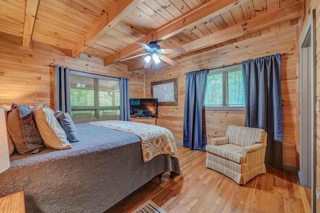 56 Laurel Dr, Blue Ridge, GA 30513 - bedroom with wooden walls, multiple windows, light wood-style flooring, beamed ceiling, and wooden ceiling