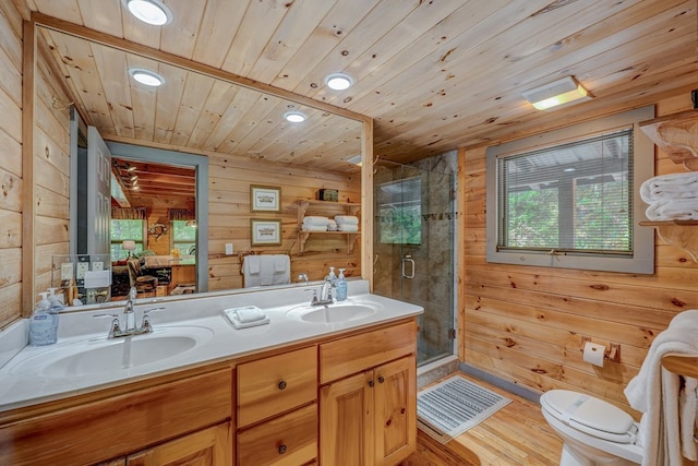 56 Laurel Dr, Blue Ridge, GA 30513 - bathroom featuring wood walls, a stall shower, recessed lighting, wood ceiling, and wood finished floors