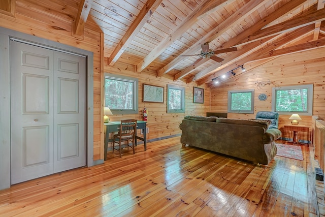 56 Laurel Dr, Blue Ridge, GA 30513 - living area with wooden walls, light wood-style flooring, wood ceiling, healthy amount of natural light, and a ceiling fan