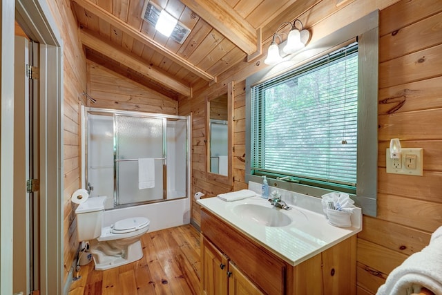 56 Laurel Dr, Blue Ridge, GA 30513 - bathroom with wooden walls, wood-type flooring, wooden ceiling, toilet, and vanity