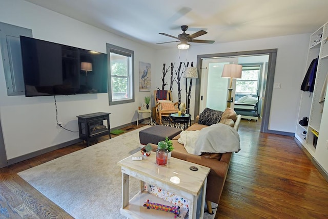 living room featuring ceiling fan and dark wood-type flooring