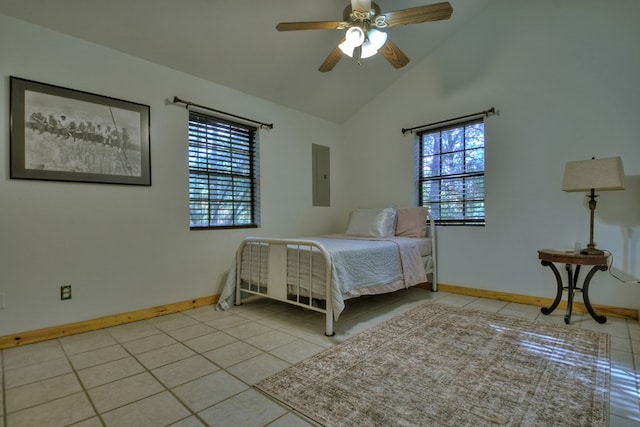 tiled bedroom with high vaulted ceiling, electric panel, baseboards, and ceiling fan