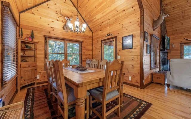 dining space with wood walls, light hardwood / wood-style flooring, wood ceiling, and a notable chandelier