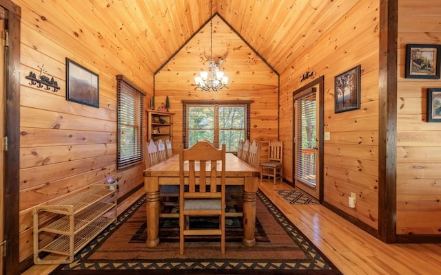 unfurnished dining area with wood walls, wood ceiling, vaulted ceiling, and a notable chandelier