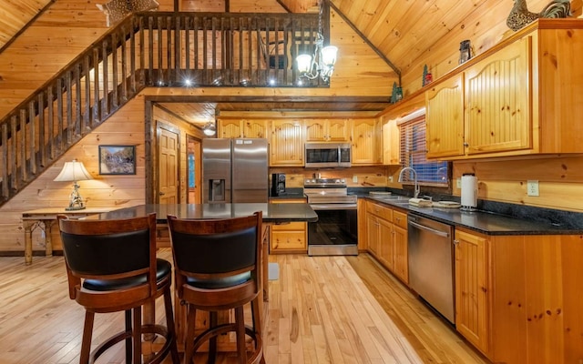 kitchen featuring appliances with stainless steel finishes, a center island, light hardwood / wood-style floors, and sink