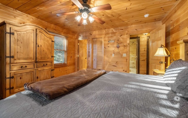 bedroom featuring connected bathroom, ceiling fan, wooden ceiling, and wood walls