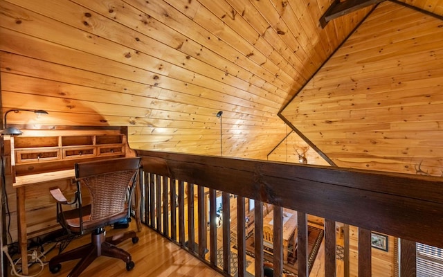 interior space with wood-type flooring, lofted ceiling, wooden walls, and wooden ceiling