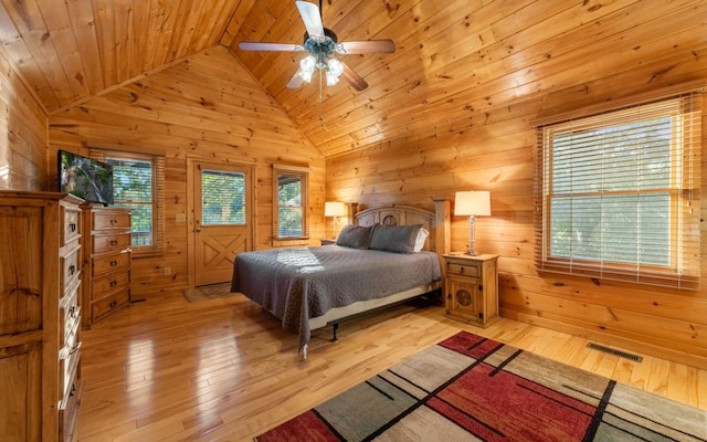 bedroom featuring light hardwood / wood-style floors, ceiling fan, wood walls, and wood ceiling