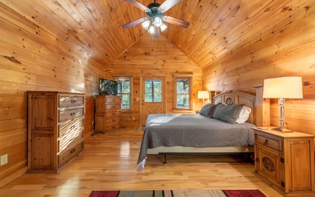 bedroom featuring wooden walls, ceiling fan, and wooden ceiling