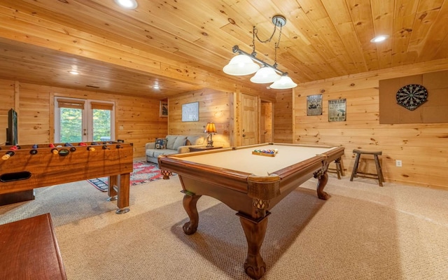 playroom featuring light carpet, wood walls, wooden ceiling, and pool table