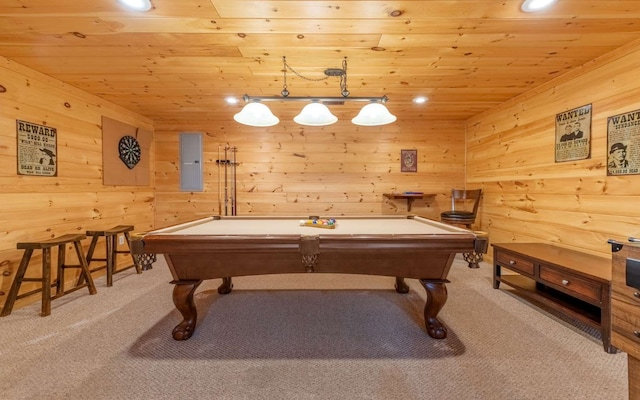 game room featuring electric panel, wood ceiling, and pool table