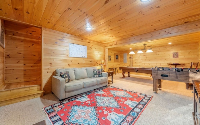 rec room with carpet flooring, wood ceiling, wooden walls, and billiards