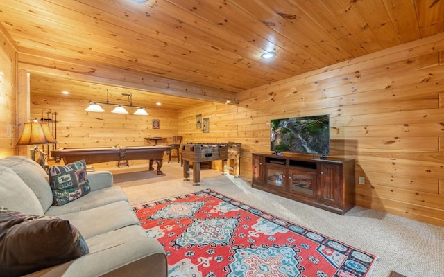 living room featuring billiards, light colored carpet, wooden ceiling, and wooden walls