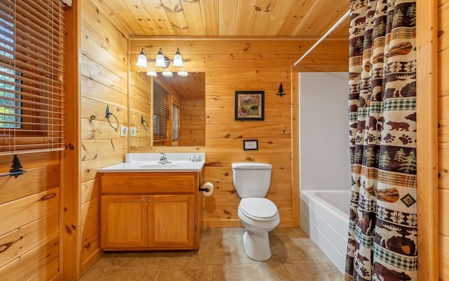 full bathroom featuring wooden walls, shower / tub combo with curtain, vanity, and wooden ceiling