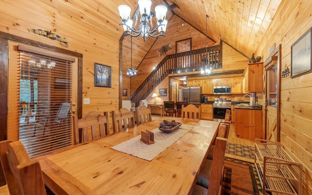 dining area featuring sink, wooden ceiling, high vaulted ceiling, light hardwood / wood-style floors, and wooden walls