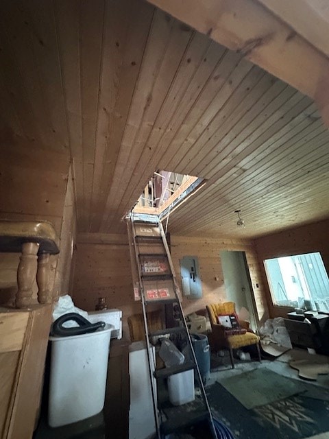interior space with wood walls and wooden ceiling
