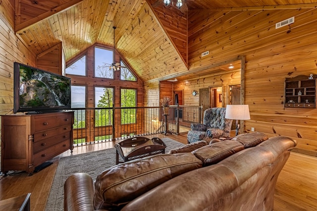 living area with visible vents, wood walls, wooden ceiling, high vaulted ceiling, and hardwood / wood-style floors