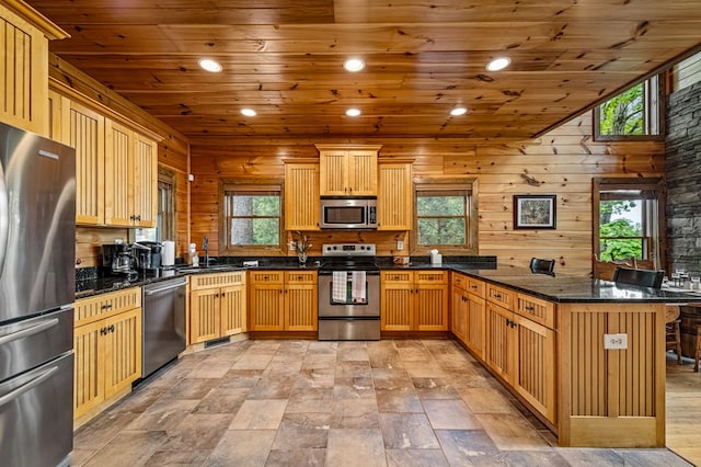 kitchen featuring a sink, stainless steel appliances, a peninsula, a wealth of natural light, and wood ceiling