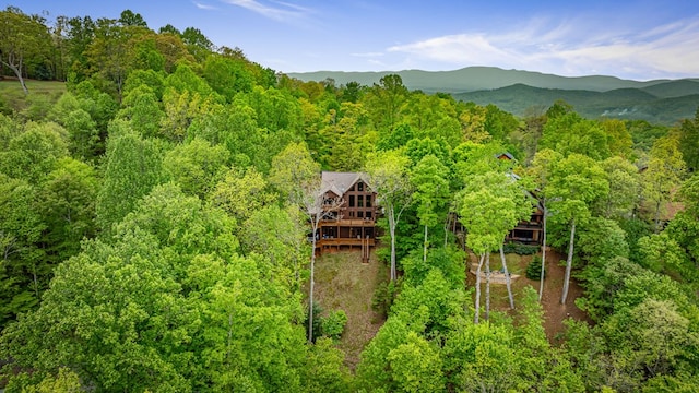 drone / aerial view featuring a mountain view and a forest view