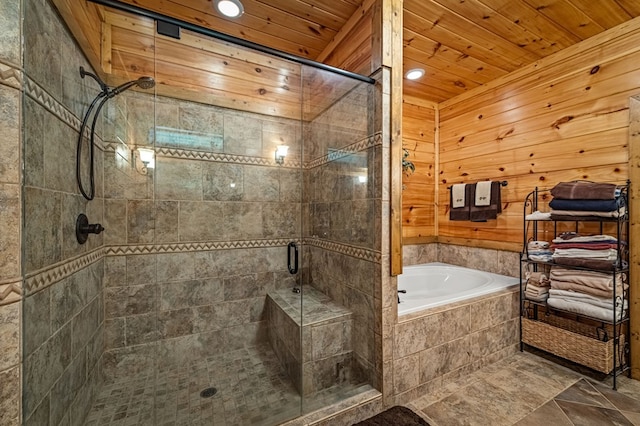bathroom with wood ceiling, a shower stall, recessed lighting, and a garden tub