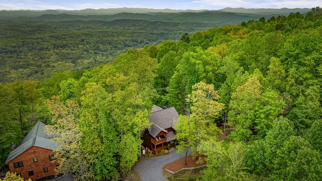 birds eye view of property with a wooded view and a mountain view